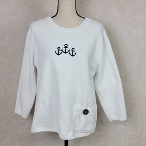 Lulu-B Womens L White Chenille Pocket Nautical Embroidered Anchor Sweater